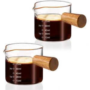 imageYARRAMATE 2 Pack Espresso Cups with Wood Handle Clear Glass Espresso Accessories Double Spout Glass Measuring Cup with Dual Scale Espresso Shot with VShaped Spout 34 OZ  100 ML34 oz100 ML