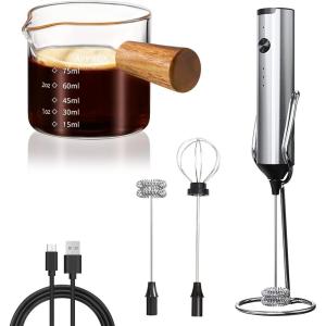 imageYARRAMATE Rechargeable Silver Milk Frother With Stand ampamp Espresso Shots Cup with Wood Handle 34 OZ 100 ML