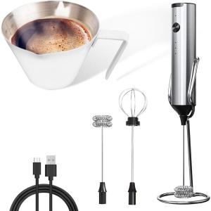 imageYARRAMATE Rechargeable Silver Milk Frother With Stand ampamp White Stainless Steel Espresso Shot Cup 34OZ100ML White