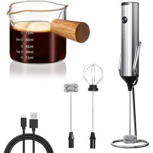 imageYARRAMATE Double Spout Glass Measuring Cup with Dual Scale 34 OZ  100 ML ampamp Rechargeable Silver Milk Frother With Stand