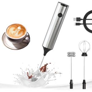 imageYARRAMATE Electric Milk Frother Wand Fast Rechargeable Coffee Mixer with 2 Heads 3 Speeds Handheld Drink Stirrer Whisk Foam Maker for Lattes Cappuccino Matcha Hot Chocolate BlackSilver USB No Stand