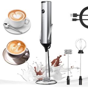 imageYARRAMATE Electric Milk Frother Wand Fast Rechargeable Coffee Mixer with 2 Heads 3 Speeds Handheld Drink Stirrer Whisk Foam Maker for Lattes Cappuccino Matcha Hot Chocolate BlackSilver USB With Stand