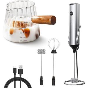 imageYARRAMATE 6OZ180ML Glass Measuring Cup with Wooden Handle ampamp Rechargeable Silver Milk Frother With Stand ampamp