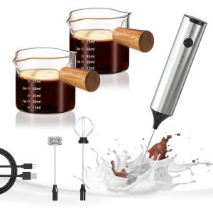 imageYARRAMATE Silver Powerful Milk Frother Wand ampamp 100ML Glass Measuring Cups Double Spout