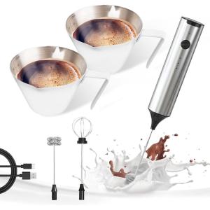 imageYARRAMATE Silver Powerful Milk Frother Wand ampamp 100ml Metal Measuring Cups White