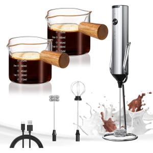 imageYARRAMATE Silver Powerful Milk Frother with Stand ampamp 100ML Glass Measuring Cups Double Spout