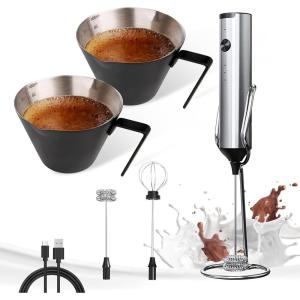 imageYARRAMATE Silver Powerful Milk Frother with Stand ampamp 100ml Metal Measuring Cups Black