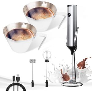 imageYARRAMATE Silver Powerful Milk Frother with Stand ampamp 100ml Metal Measuring Cups White