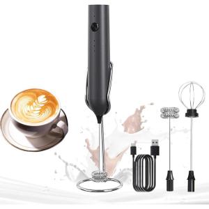 imageYARRAMATE Electric Milk Frother Wand with Stainless Steel Whisk and Stand Fast Rechargeable Coffee Mixer with 3 Speeds Handheld Drink Stirrer Whisk Foam Maker for Lattes Cappuccino Matcha BlackBlack USB With Stand